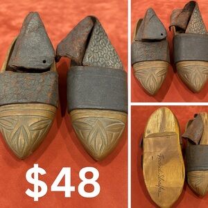 Antique Hand-Carved Wooden Souvenir Shoes with Leather Uppers – Signed by Owner